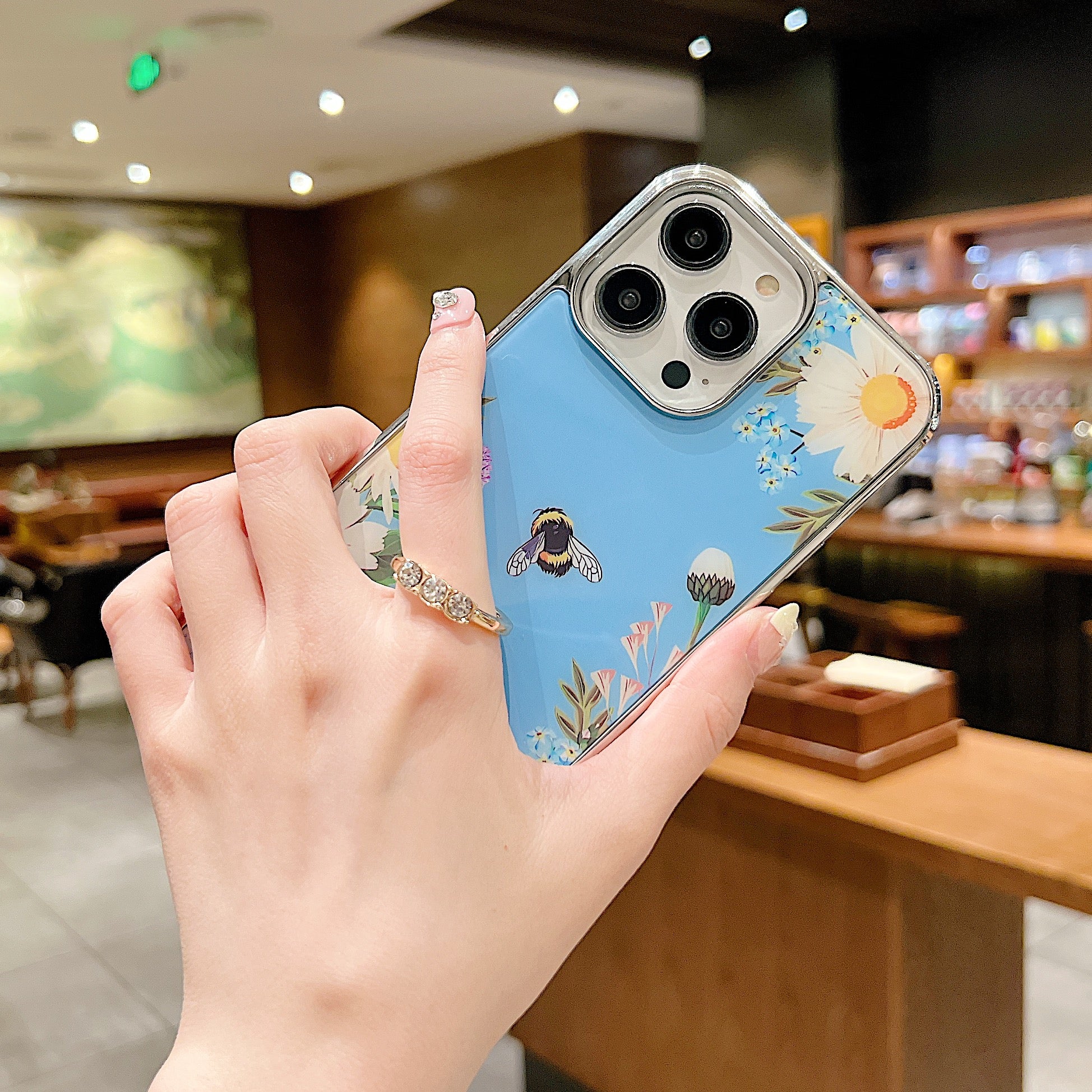 Uniqkart for iPhone 14 Pro Ring Kickstand Anti-fall Phone Case IMD Flower Pattern Electroplating PC+TPU Cover - Style A Uniqkart for iPhone 14 Pro Ring Kickstand Anti-fall Phone Case IMD Flower Pattern Electroplating PC+TPU Cover - Style A